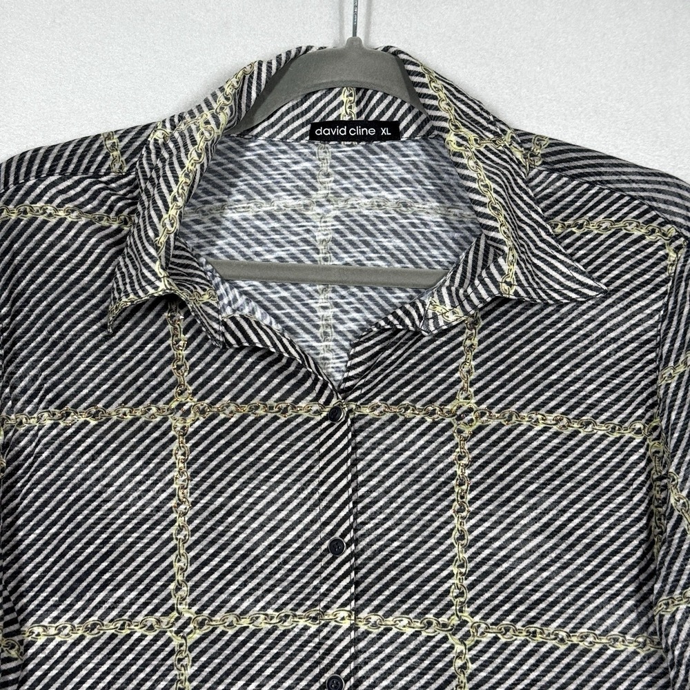 David Cline Top Womens XL Chain Stripe Snap Front Blouse Artsy‎ Preppy USA Made - Picture 2 of 13